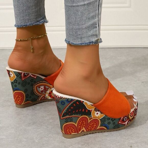 SHEIN Women’s Colorful Paisley Floral Slip-On Platform Wedge Sandals Size 8.5 - Picture 6 of 14